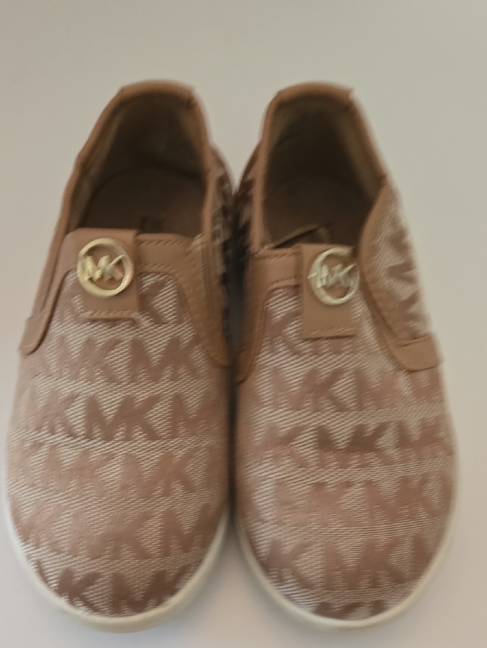 Michael Kors Tan Monogram Slip-On Sneakers with Gold Logo